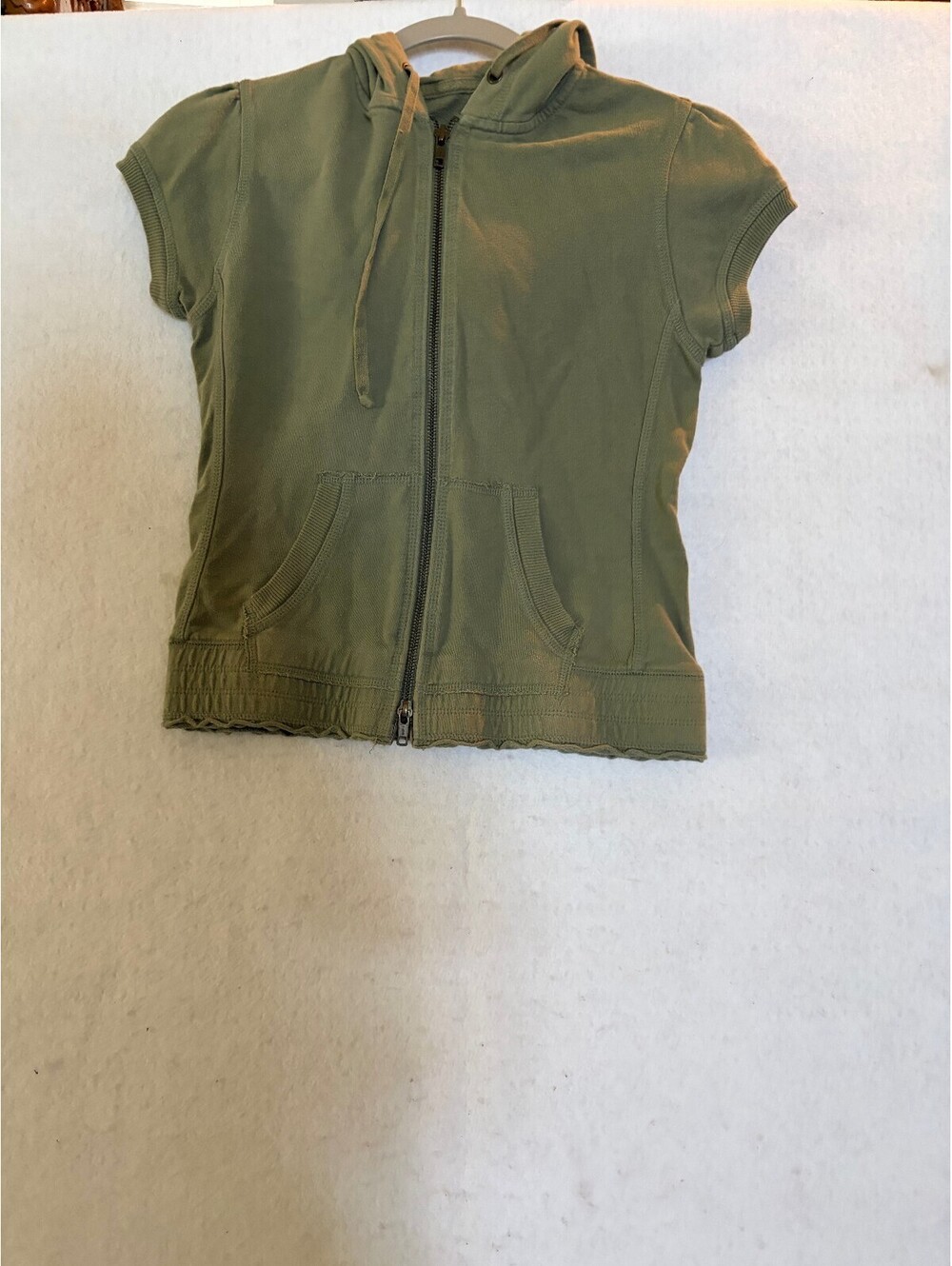 Arizona Women's Short Sleeve Zip-Up Hoodie Sweatshirt in Olive Green Size S/CH